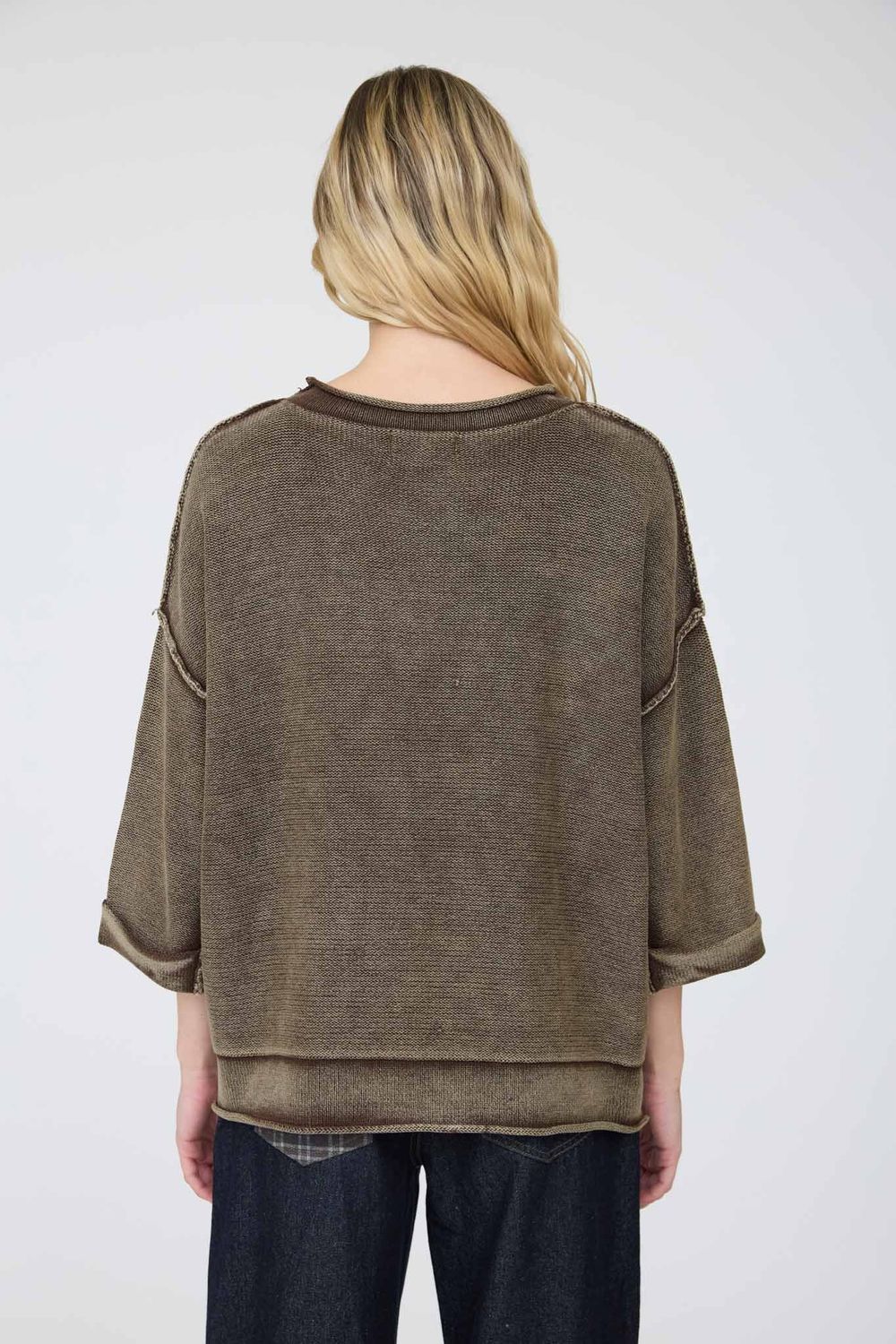 Washed Inverted Short Sleeve Top - Dark Brown