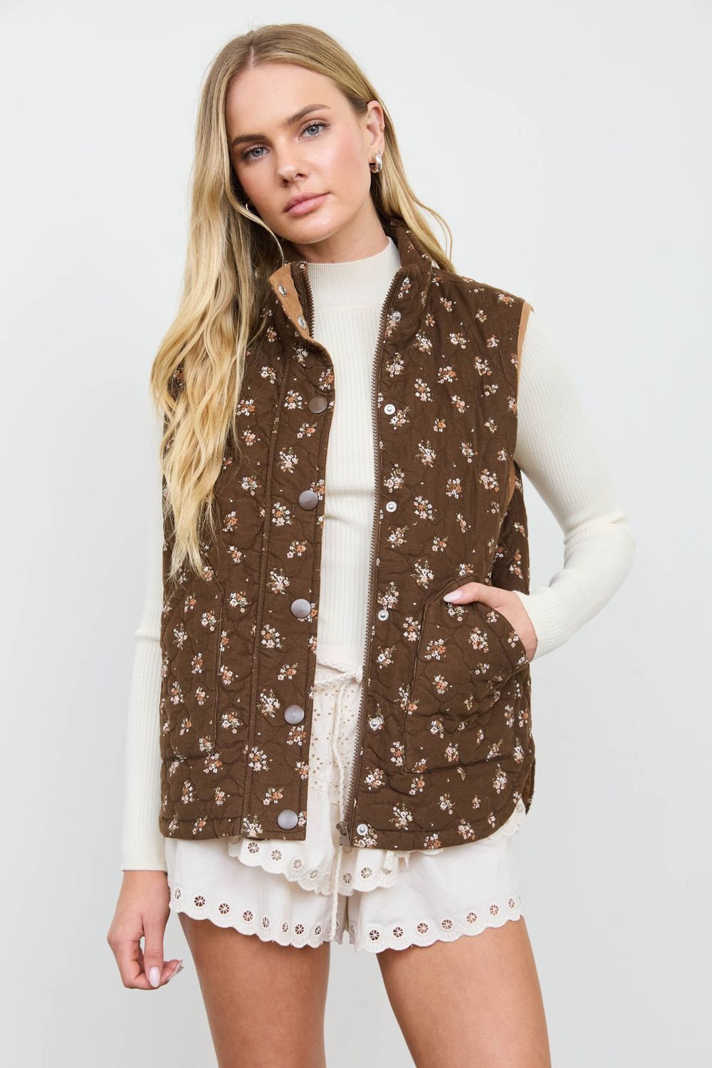 Floral Quilted Mock Neck Vest - Brown Multi