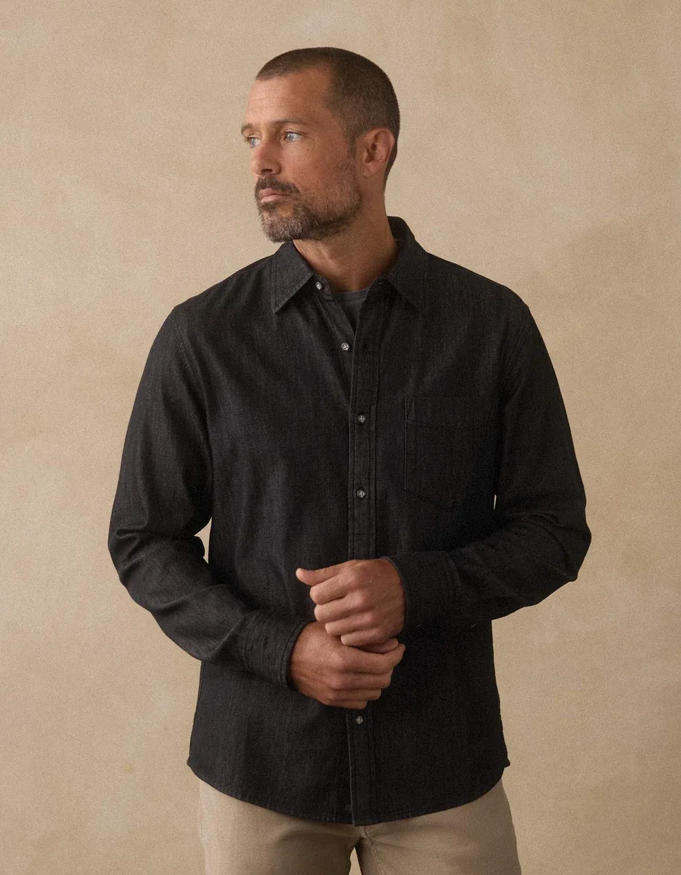 Cotton Denim Long Sleeve Button Down - Washed Black