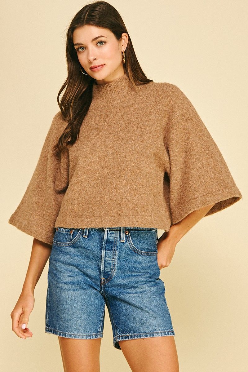 Wide Sleeve Mock Neck Sweater - Taupe