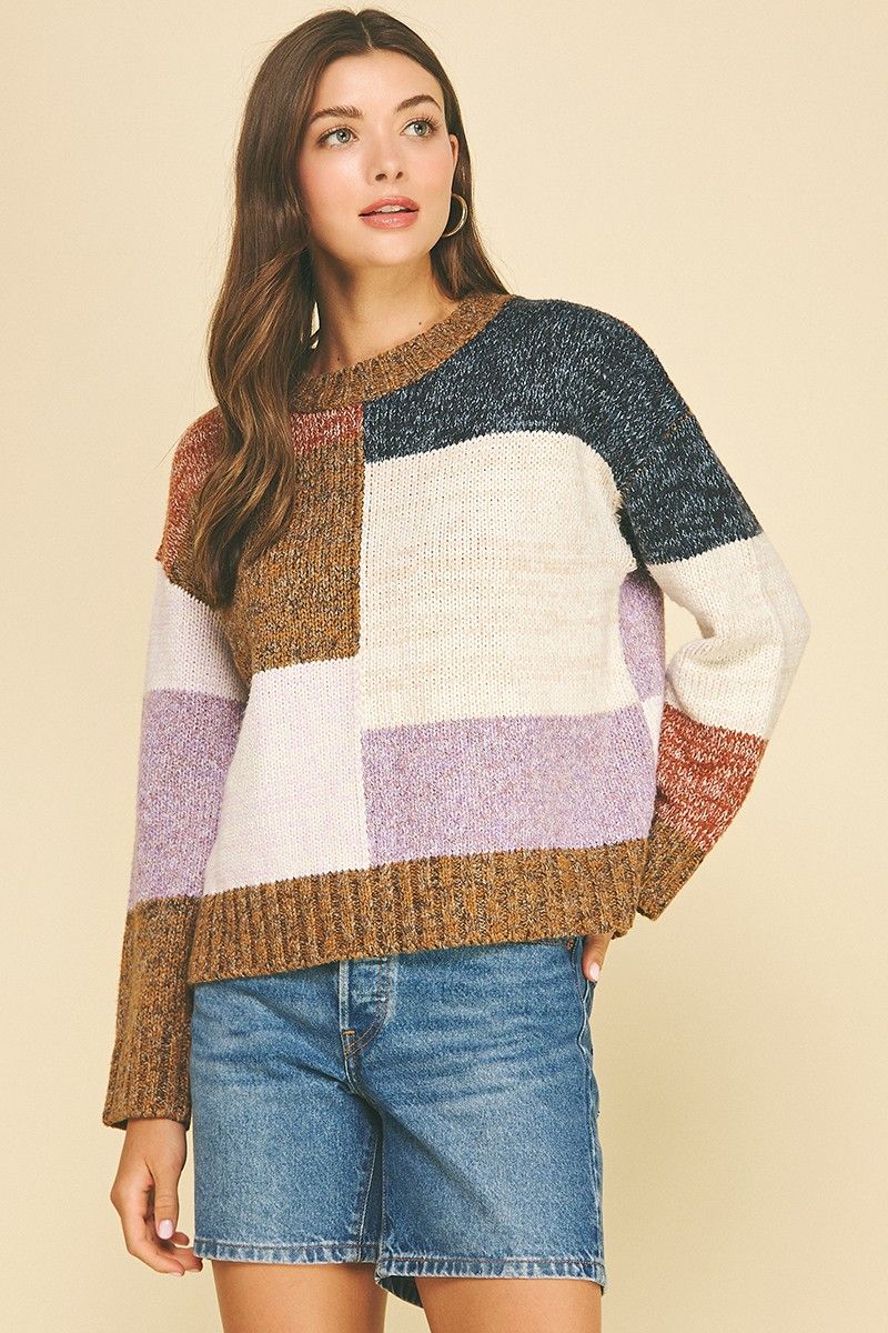 Cozy Colorblock Crew Sweater - Camel Multi