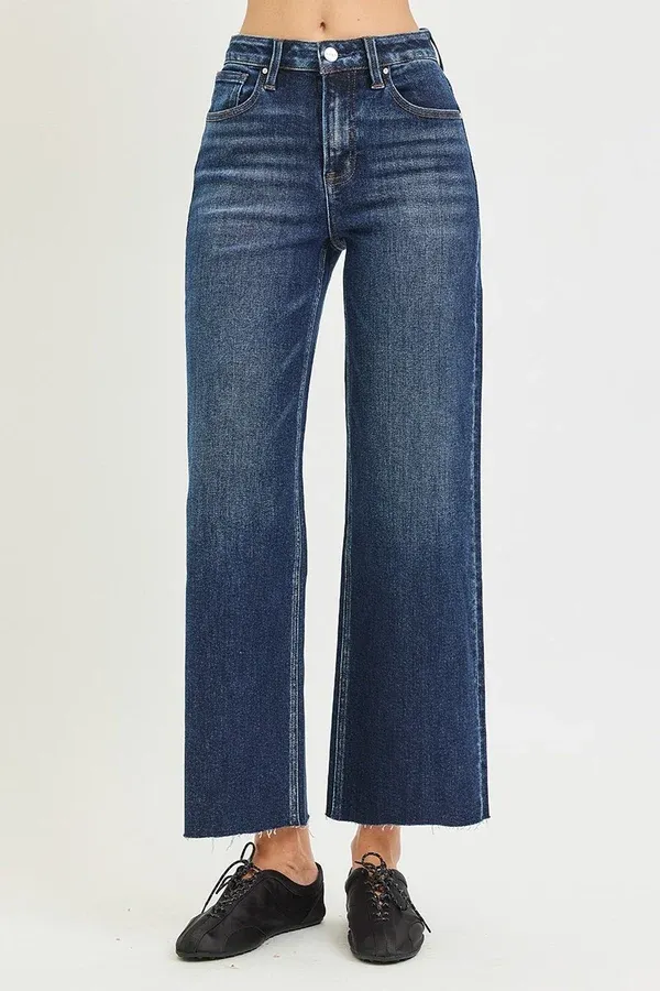 High Rise Cropped Wide Jeans - Deep Blue