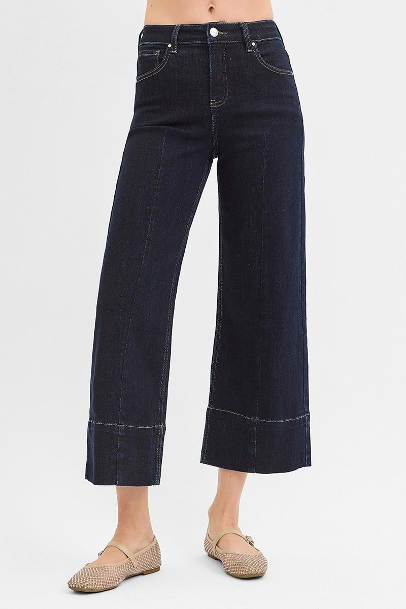 The Aralynn High Rise Crop Wide Seam Jean - Solid Dark