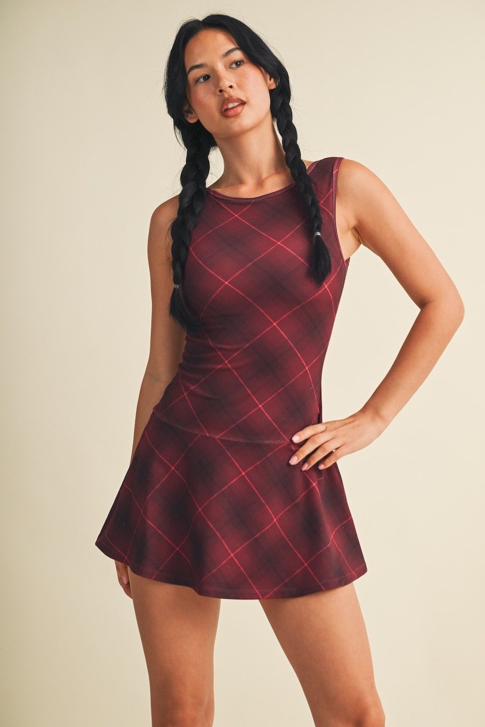 On Point Drop Waist Mini Dress - Burgundy Plaid