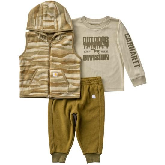 Infant Camo Long Sleeve Tee, Vest, and Fleece Pant Set