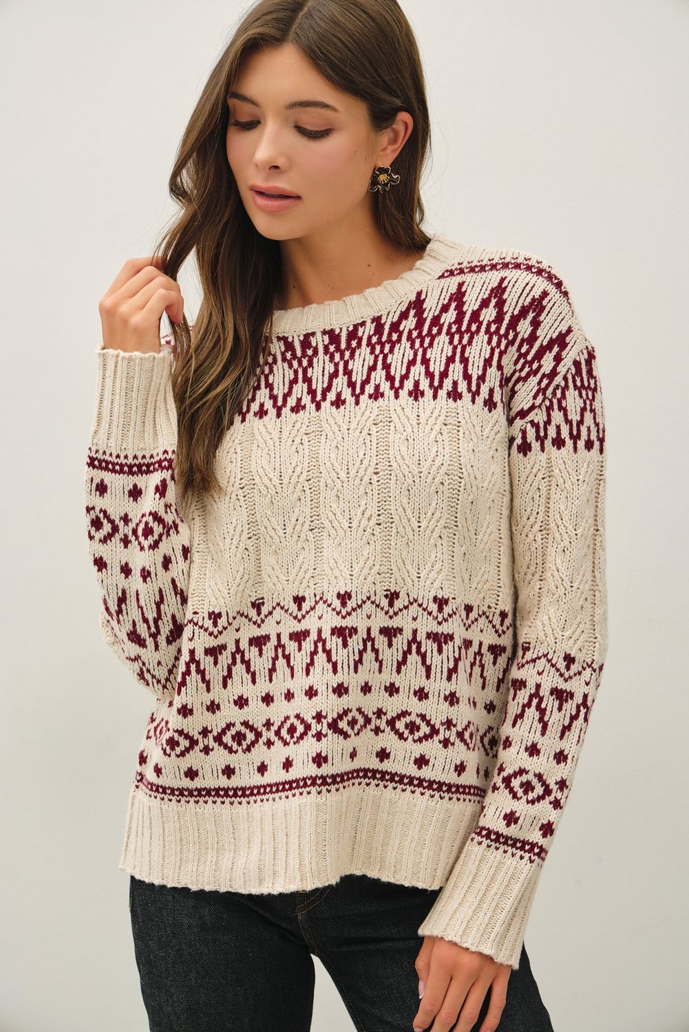 Vintage Cable Knit Sweater - Burgundy