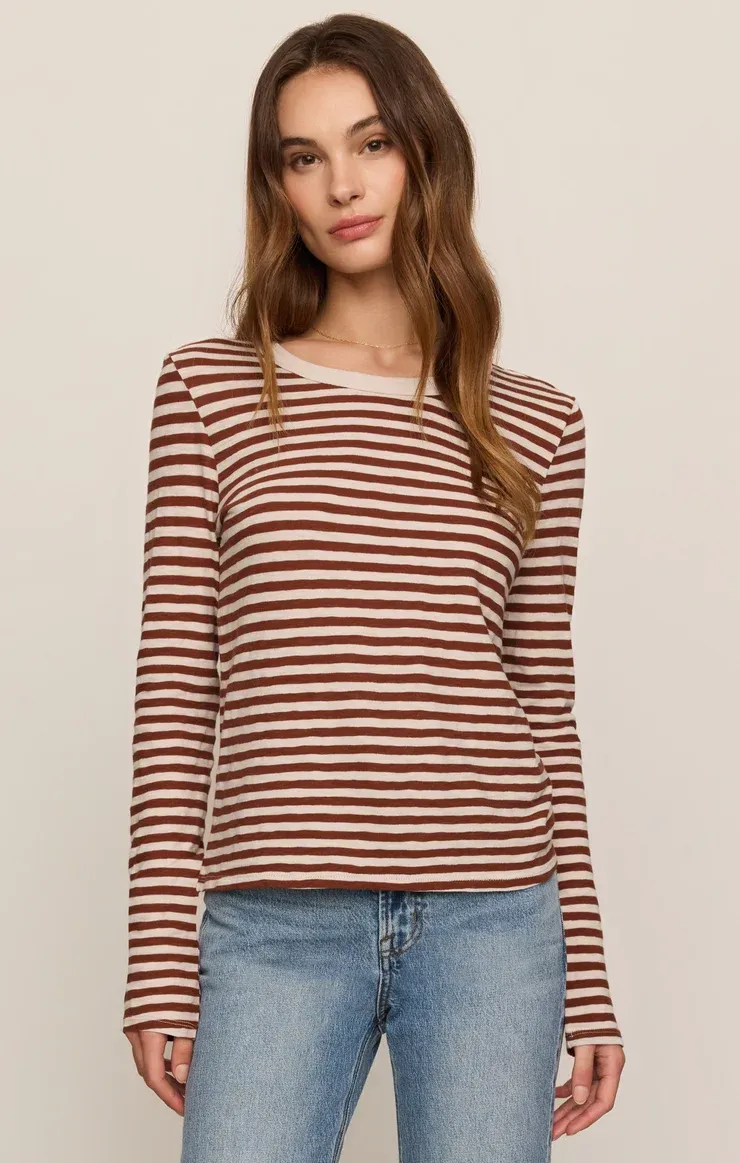 Junie Long Sleeve Stripe Slub Tee - Dark Rosewood