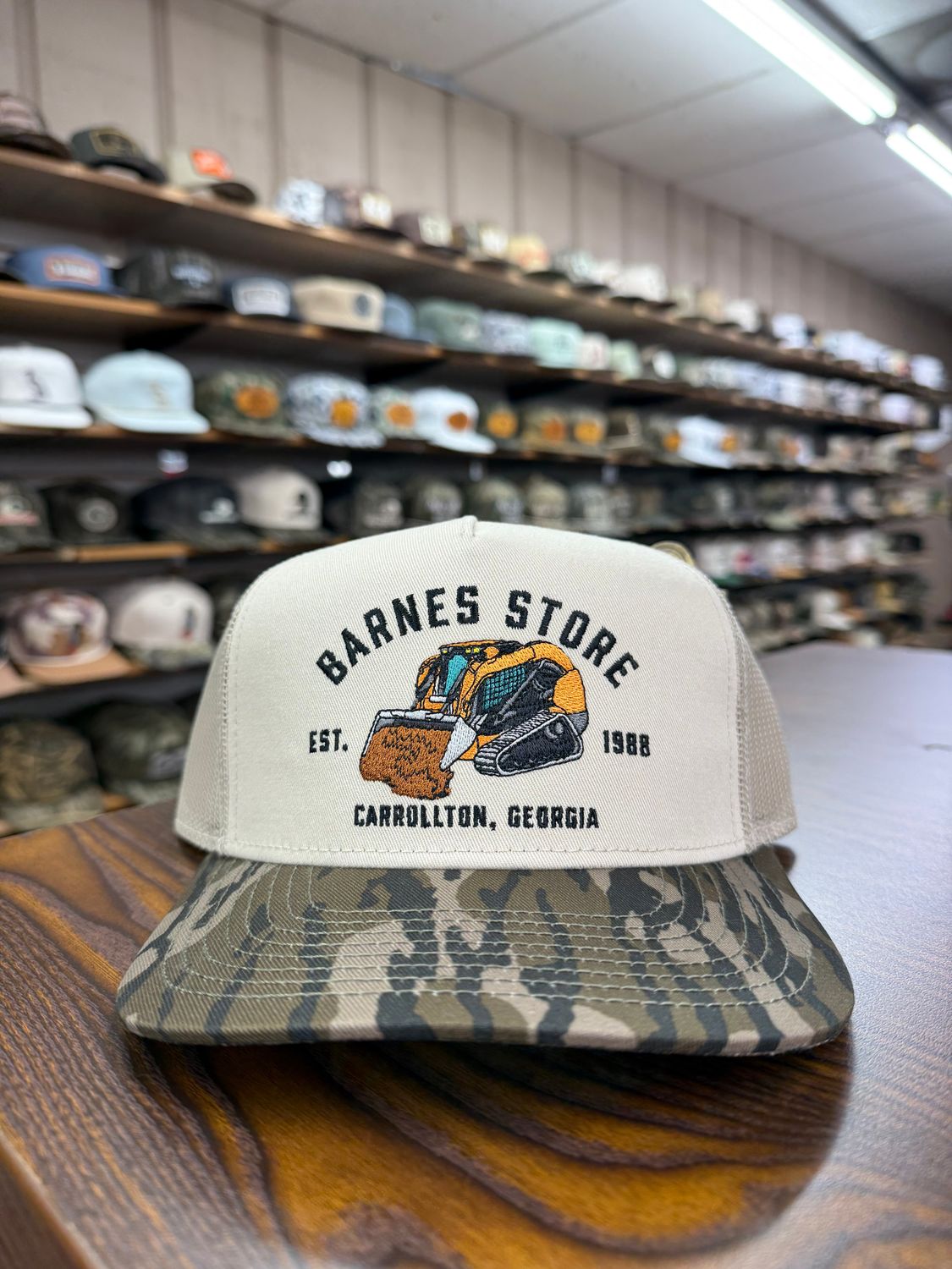 Skid Steer Trucker Hat - Tan/Mossy Oak Bottomland