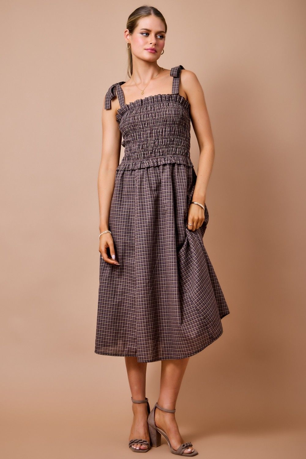 The Sadie Plaid Midi Dress - Brown