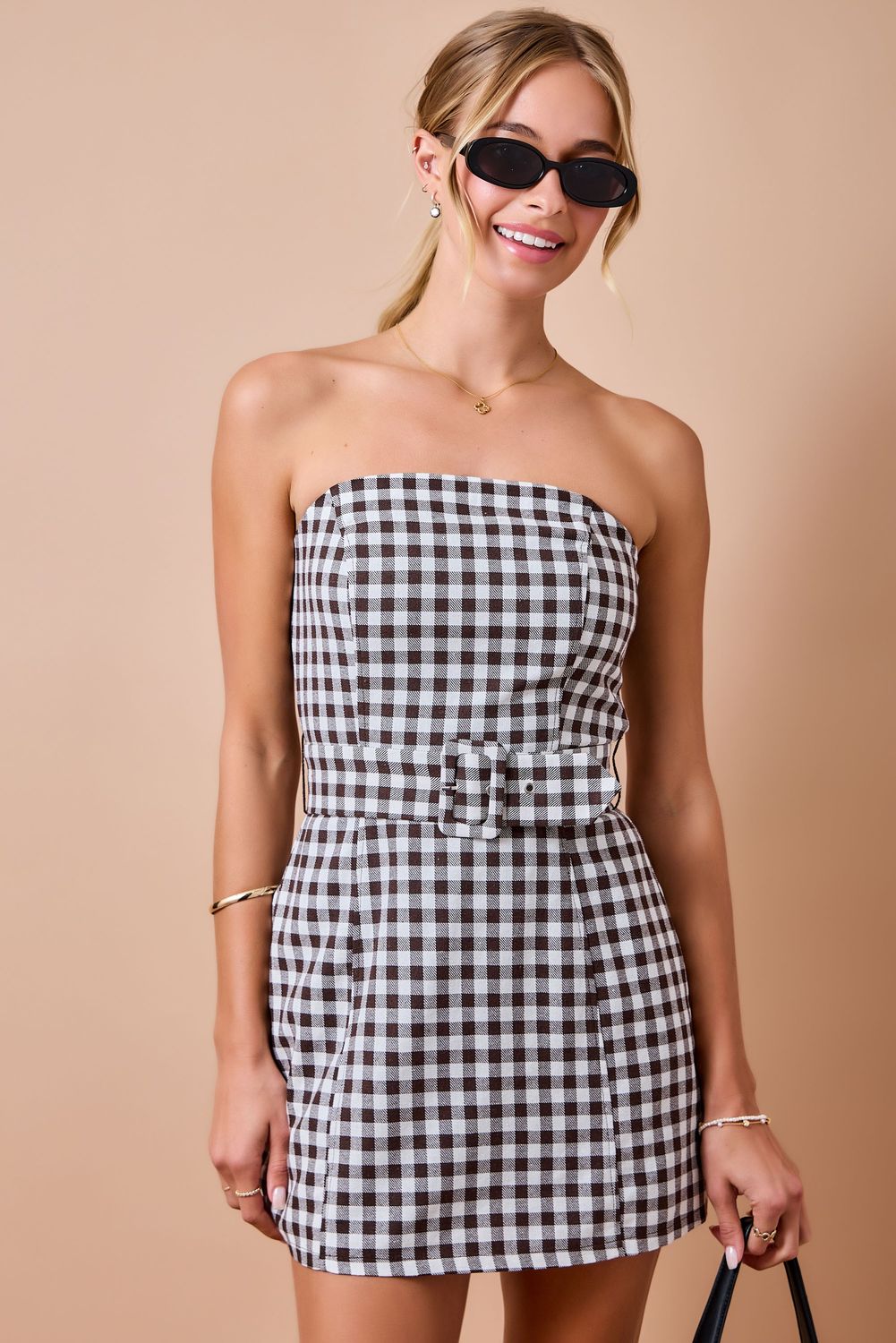 The Hazel Belted Gingham Dress - Brown