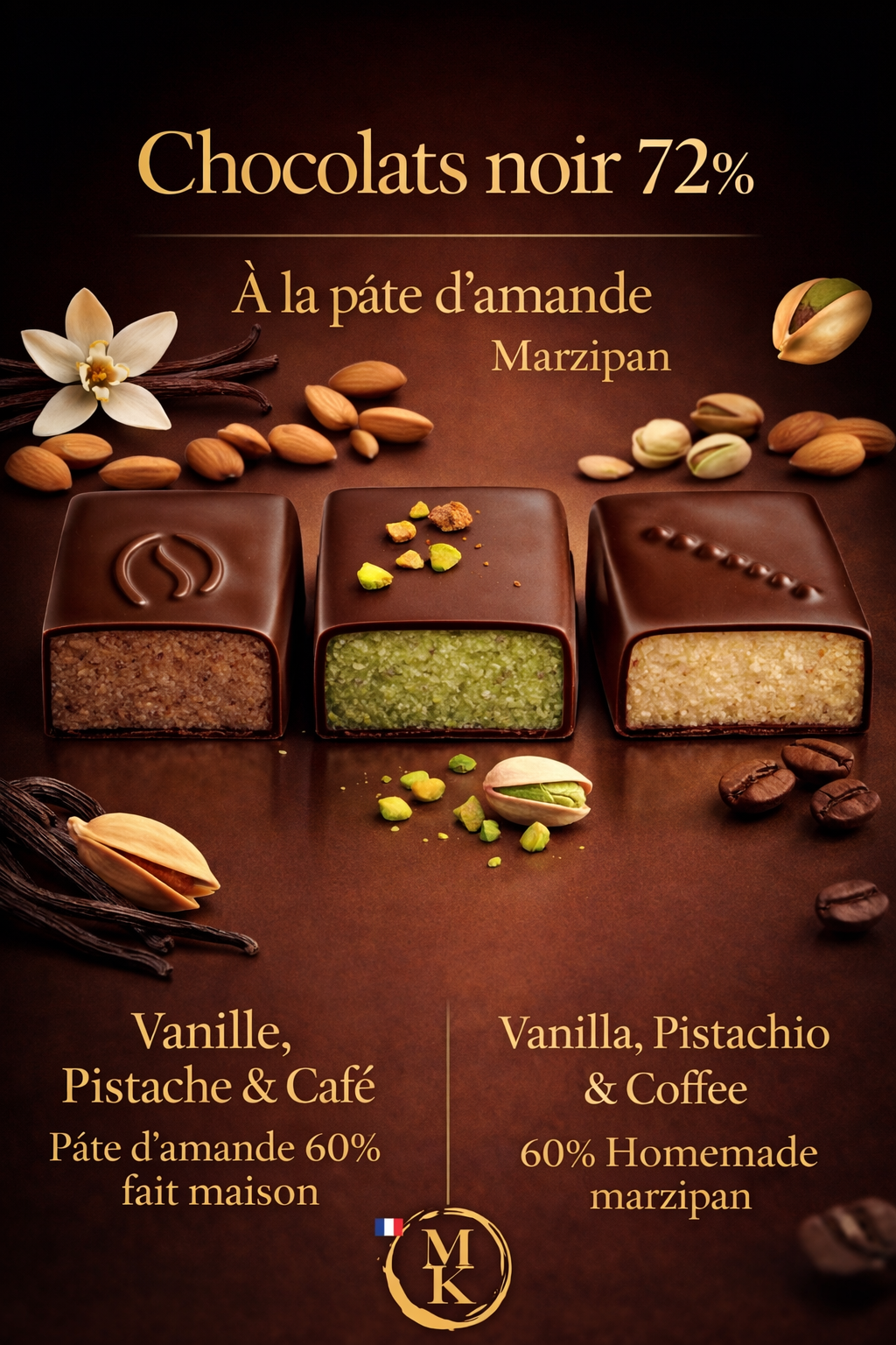 Boîte de 20 pâtes d'amandes maison 60% au chocolat noir 72%