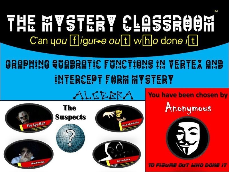 Algebra 2: Graphing Quadratic Functions in Vertex and Intercept Form Mystery (1 Teacher License)