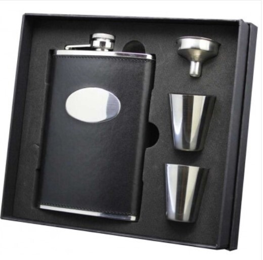 8 oz Flask Gift Set, Stainless Steel, Black Leatherette