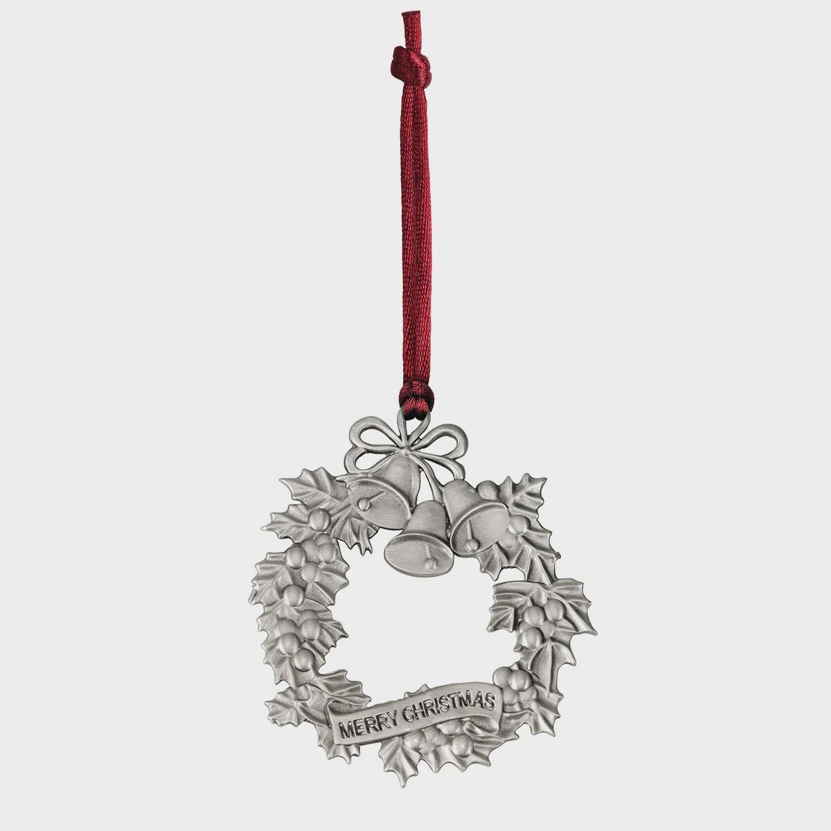 Pewter Wreath Ornament with Holly &amp; Bells