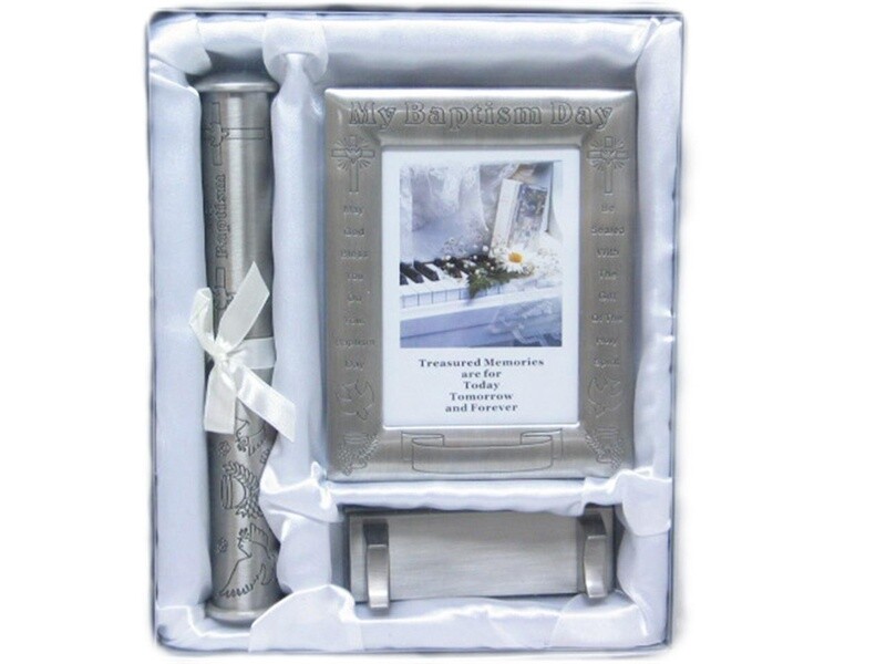 Pewter Baptism Frame with Certificate Tube and Stand Gift Set
