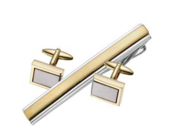 Cuff Link and Tie Bar Set - Brushed Gold &amp; Silver
