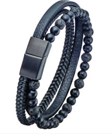 Beaded Steel &amp; Leather Bracelet