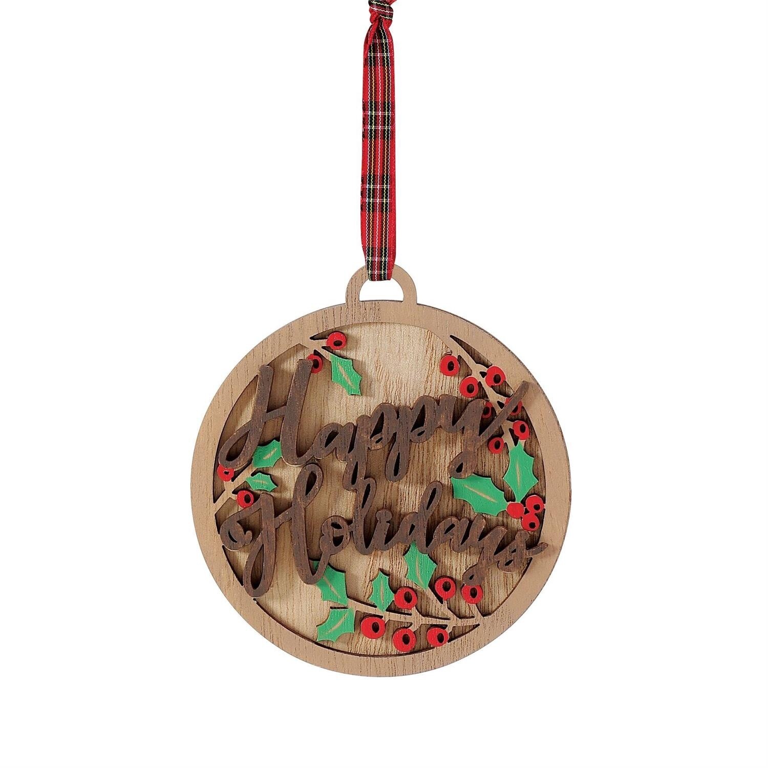 Round Wooden Christmas Ornament, Design: Happy Holidays