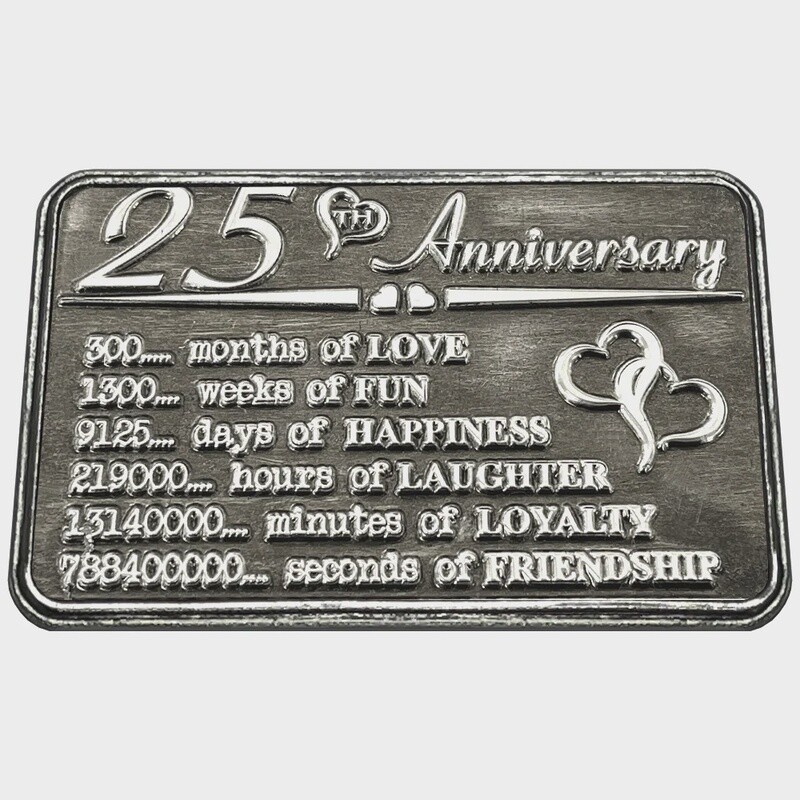 25th Twenty Fifth Anniversary Sentimental Metal Wallet or Purse Keepsake Card