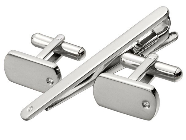 Tie Bar &amp; Cufflink set CZ Stone Stainless Steel