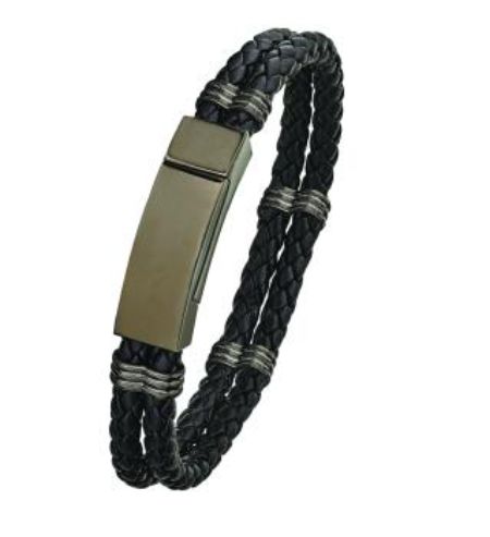 Gun Metal Stainless Steel &amp; Leather Bracelet, Size: 8