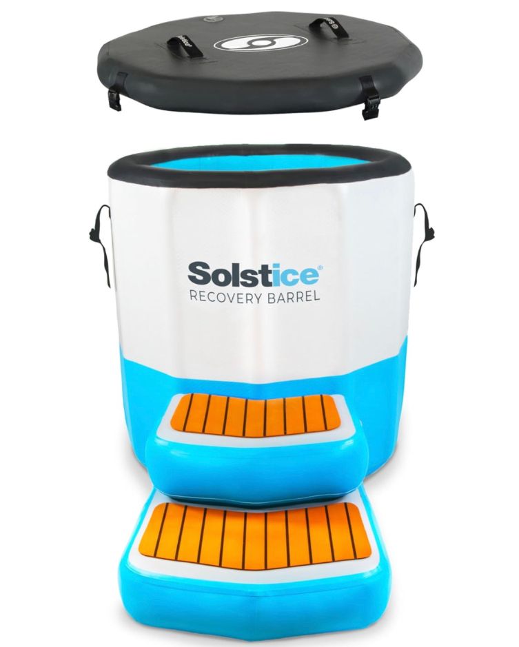 SOLSTICE Original Inflatable Cold Plunge Ice Bath Tub | Standing Recovery Barrel Pod W/Steps & Lid | Water Chillers & Ozone Filters Compatible Outdoor Indoor | Inlet Outlet for Accessories 100 Gallon