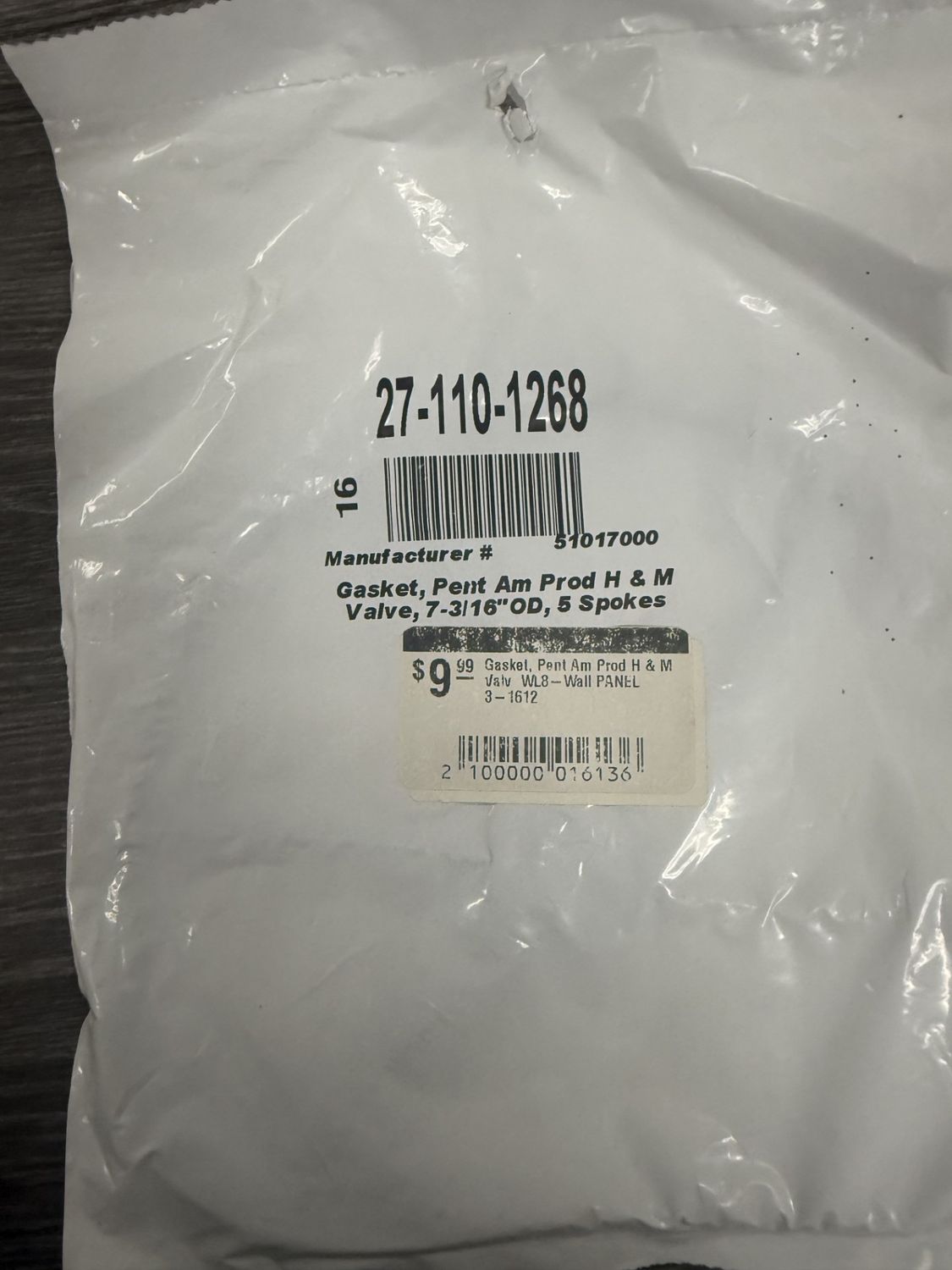 Gasket, Pent Am Prod H & M Valv -1612