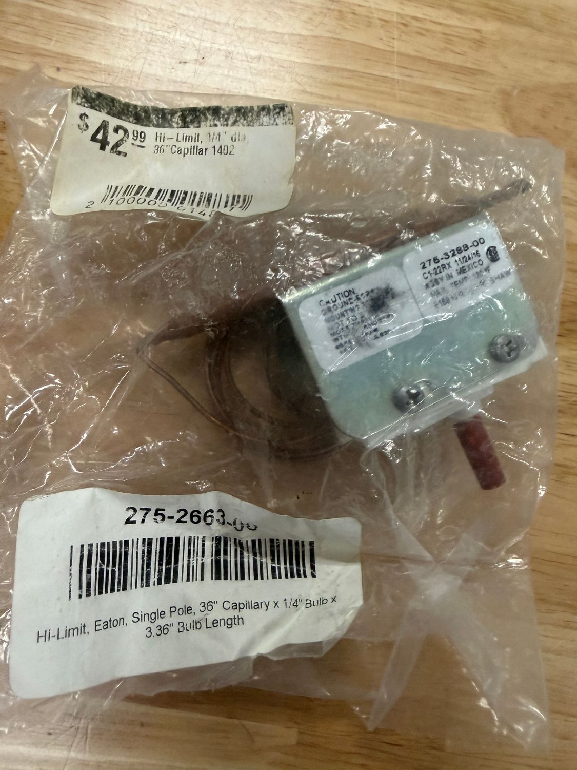 Hi-Limit, 1/4" dia, 36"Capillary, SPST, Screw Terminal, 25A