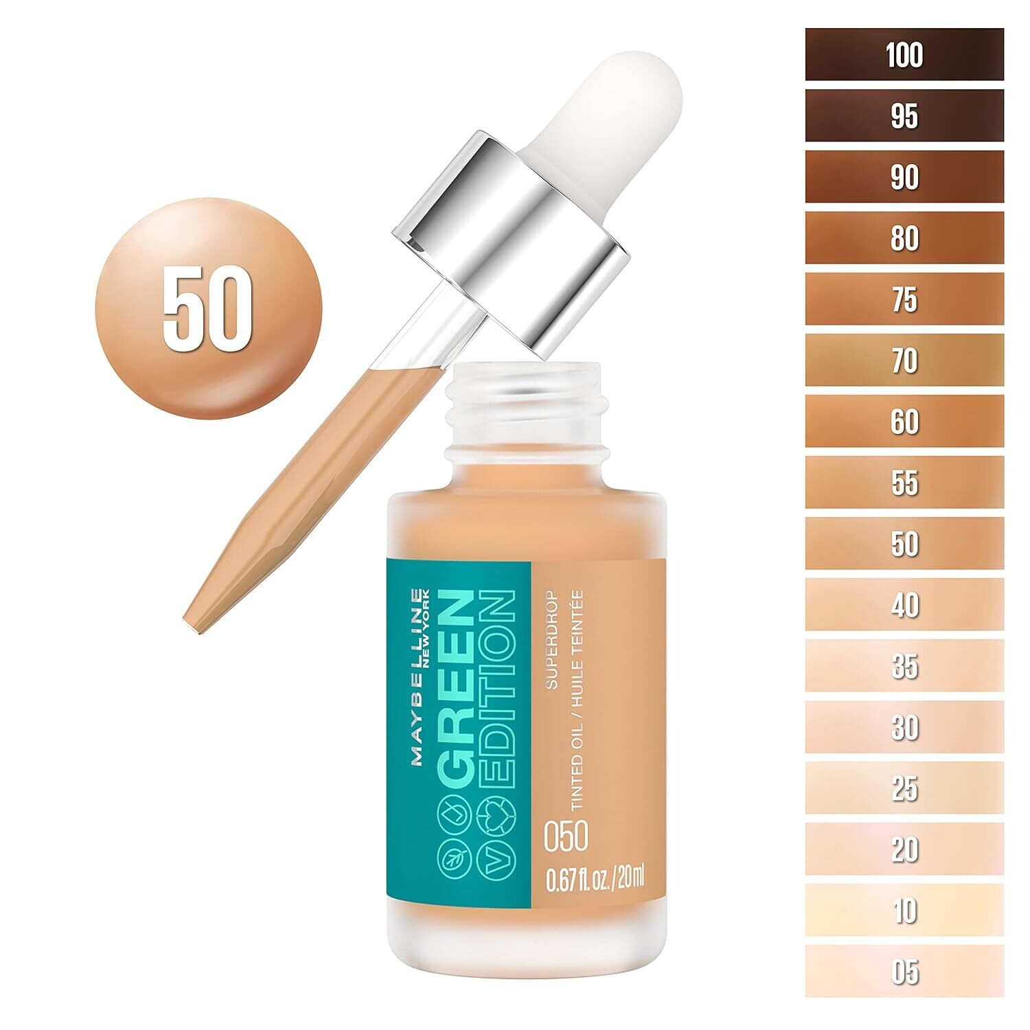 BASE 
Maybelline Green Edition Superdrop 050
Base de maquillaje de base de aceite tintado, base de cobertura natural ajustable formulada con aceite de jojoba y marula