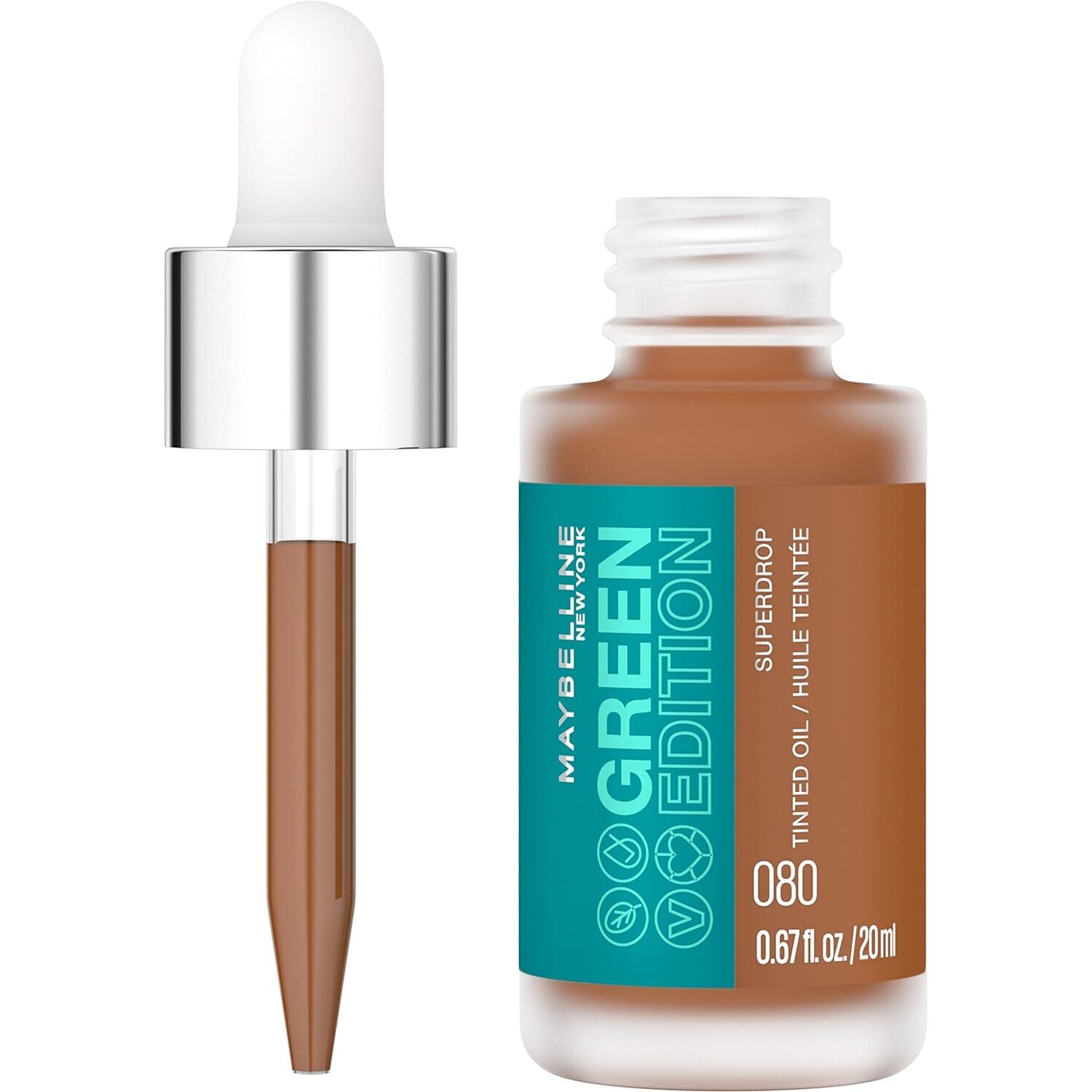 Maybelline Edición Verde Superdrop 080 Base de maquillaje de base de aceite tintado, base de cobertura natural ajustable formulada con aceite de jojoba y marula