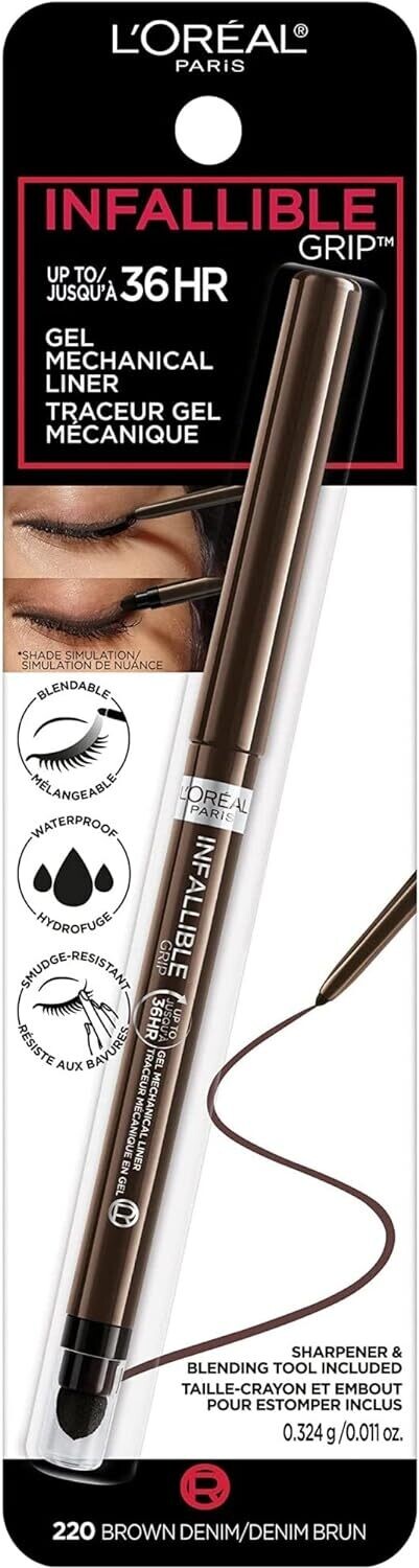 L&#39;Oreal Paris Infallible Grip - Lápiz delineador de ojos de gel mecánico, resistente a las manchas, impermeable con hasta 36 horas de uso, mezclilla marrón 220  Brow
