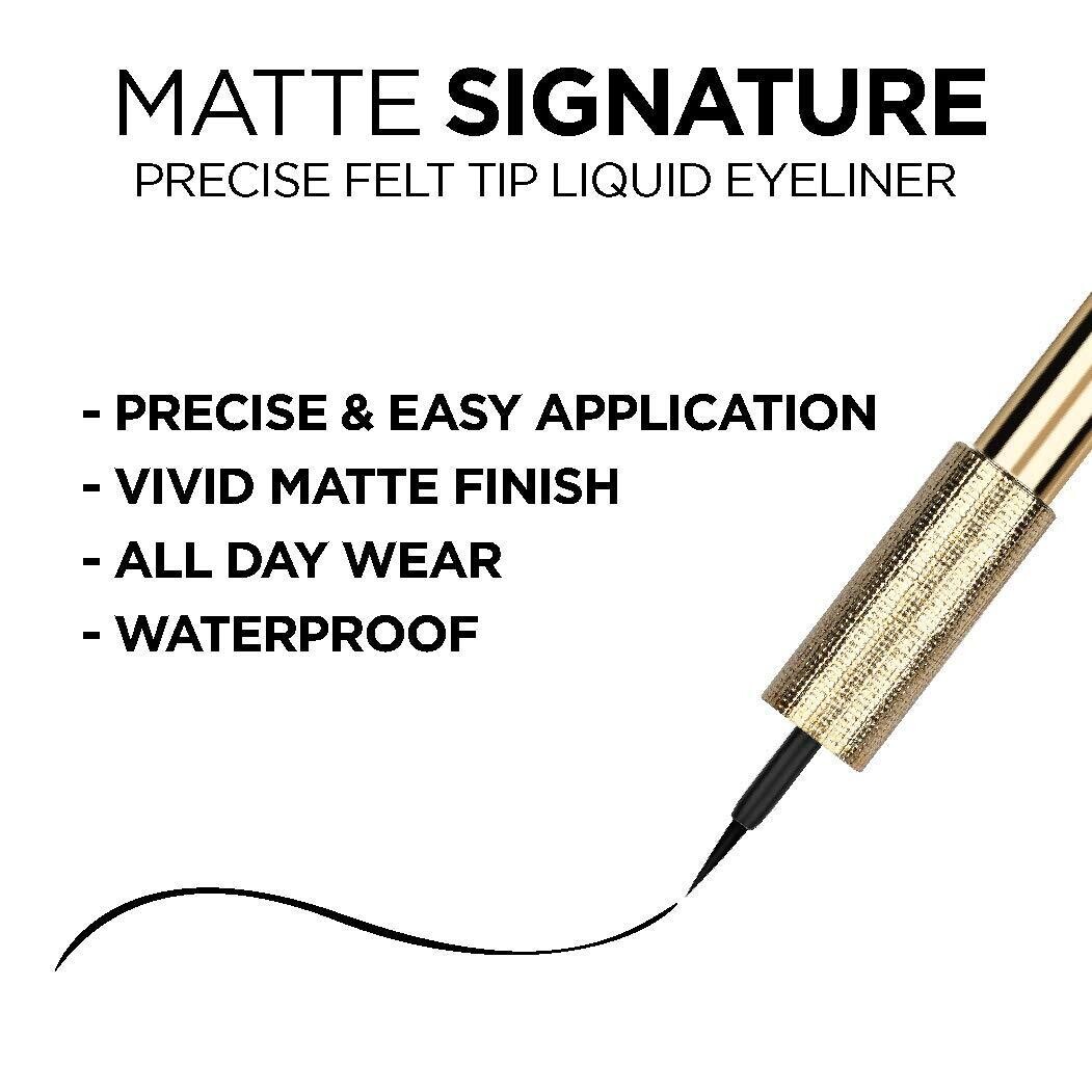 L&#39;Oreal Paris Makeup Matte Signature - Delineador de ojos líquido de inmersión, impermeable, preciso y fácil de aplicar, uso durante todo el día, acabado mate vivo, 700 negro noir,A prueba de agua