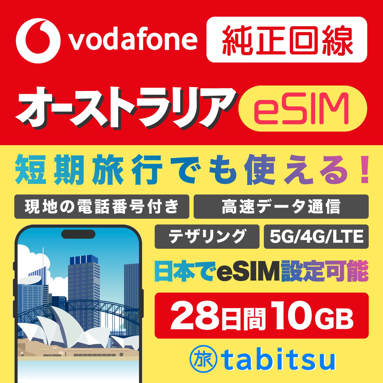vodafone eSIM 28日間 10GB（オーストラリア）電話番号付き　★開通コード：612810★