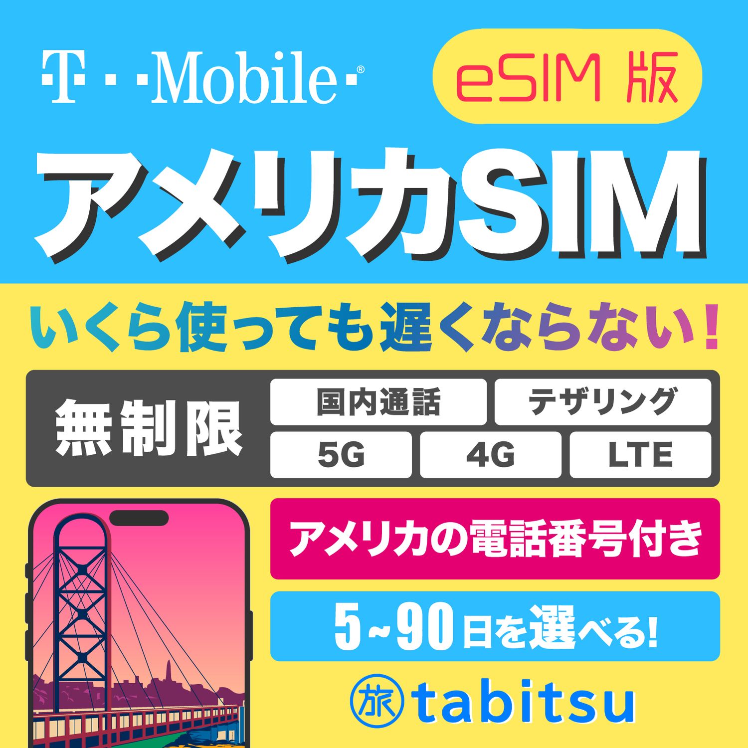 T-Mobile 無制限 eSIM（アメリカ、ハワイ）電話番号付き