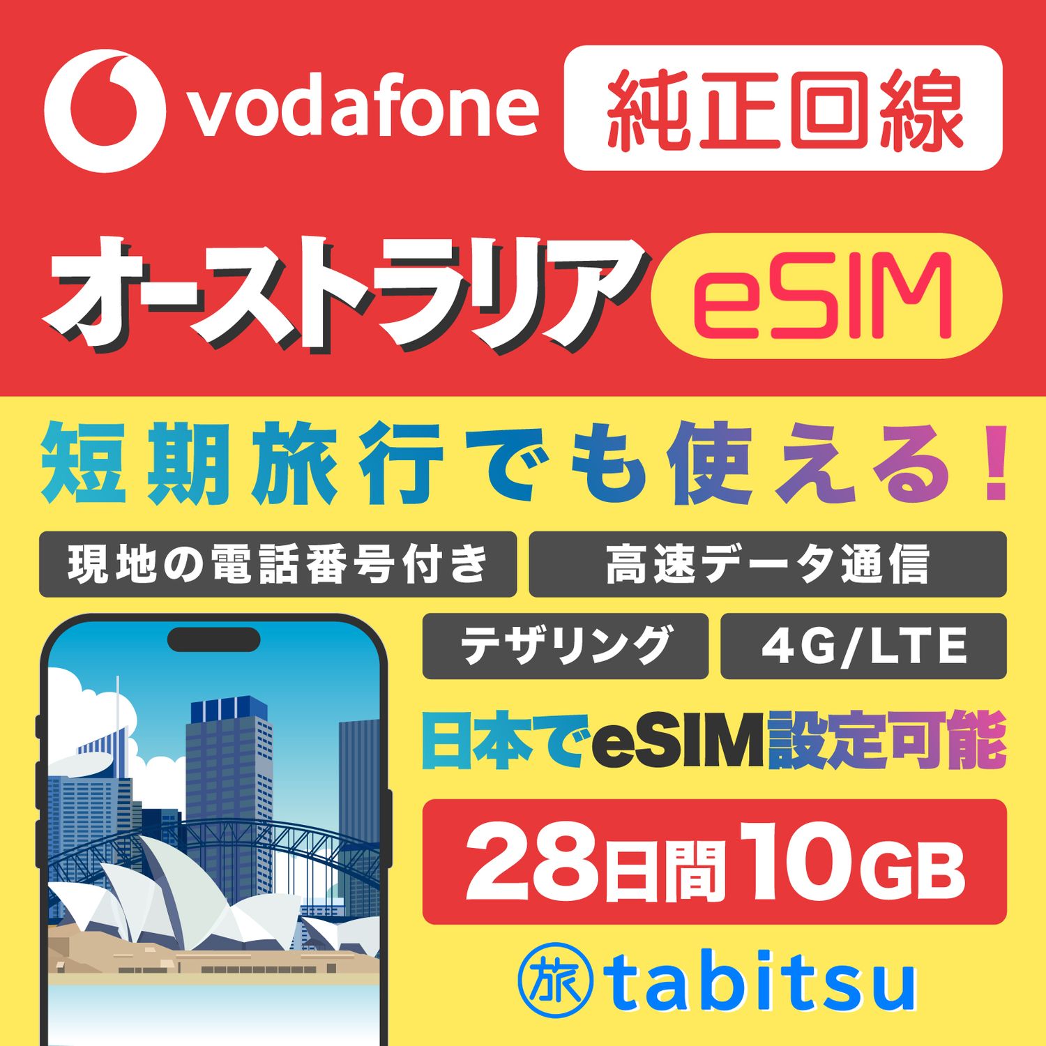 vodafone eSIM 28日間 10GB（オーストラリア）電話番号付き　★開通コード：612810★