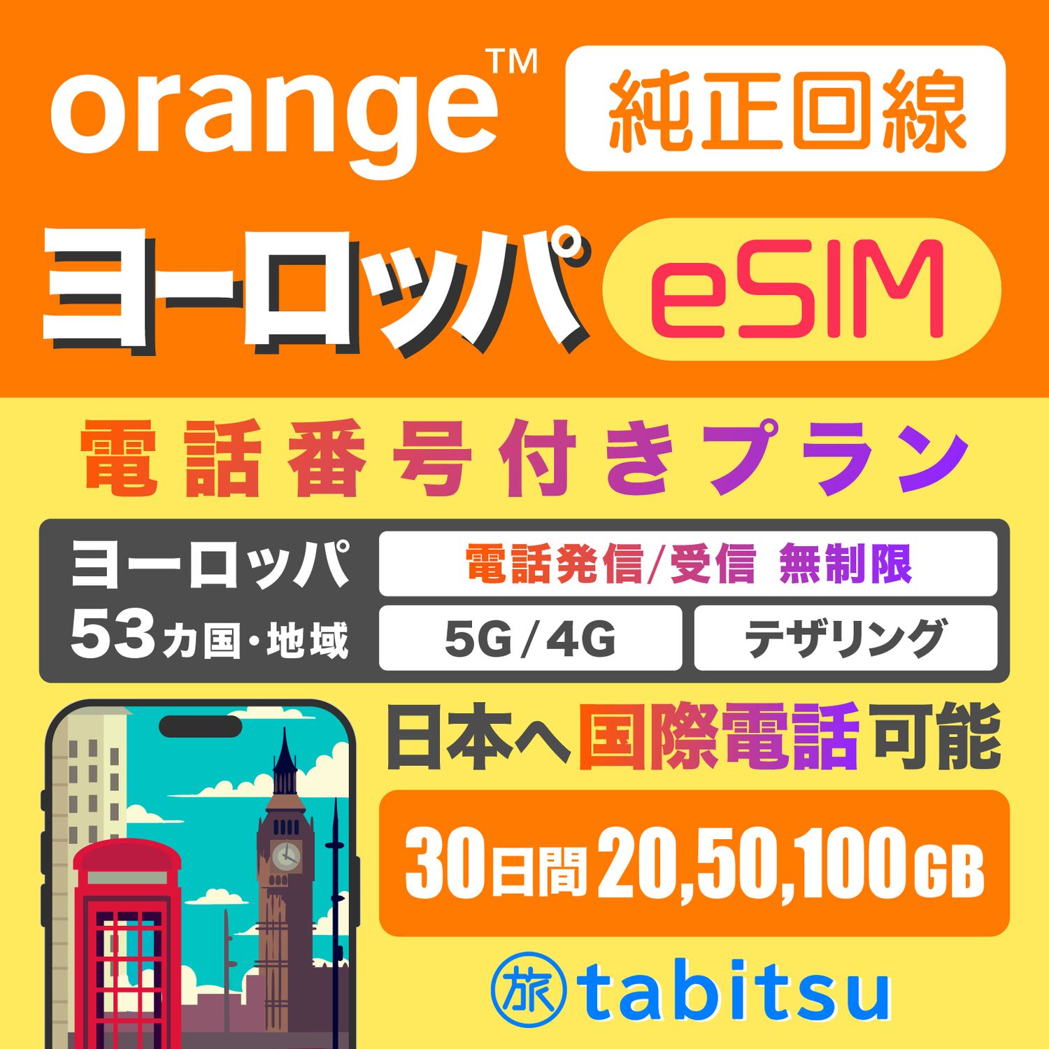 【純正回線】Orange eSIM（ヨーロッパ53ヵ国と地域）電話番号付き
