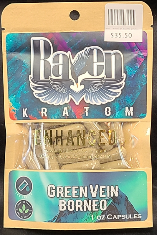 Raven Kratom - Enhanced 1oz capsules, Strain: Green Vein Borneo