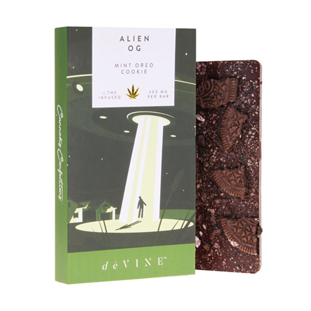 dėVINE 300mg THC-infused Gourmet Chocolate, Flavor: Alien OG (Mint Oreo Cookie)