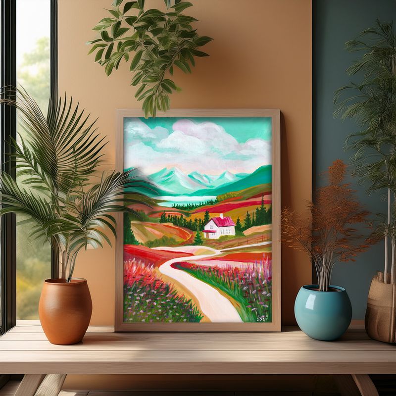 Dream House – kunstprint huisje in de bergen (A4)
