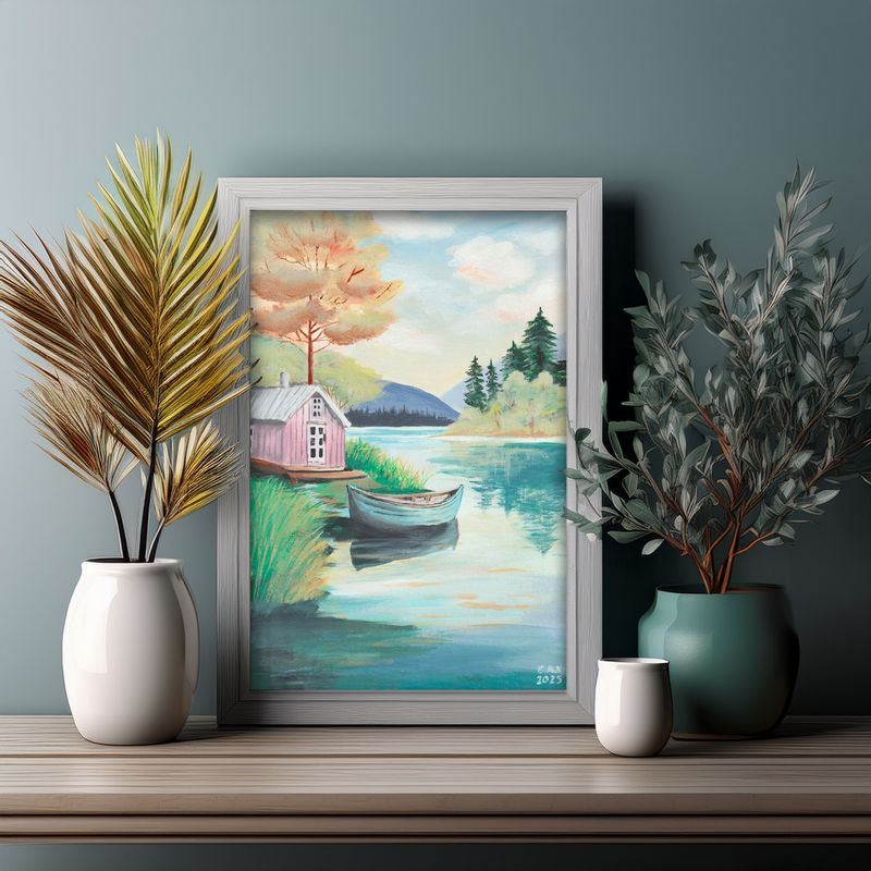 Boathouse natuur kunstprint als wanddecoratie in rustig interieur