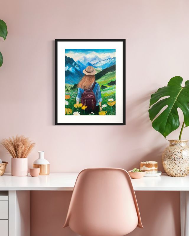Kunstposter Woman in the Mountains – berg poster bloemen A4
