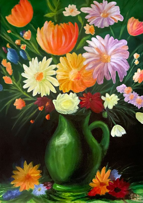Detail van botanische bloemenposter Floral Midnight met kleurrijke bloemen en penseelstreken