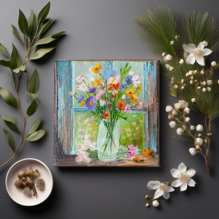 Handgeschilderd schilderij bloemen in vaas – canvas kunst 10x10