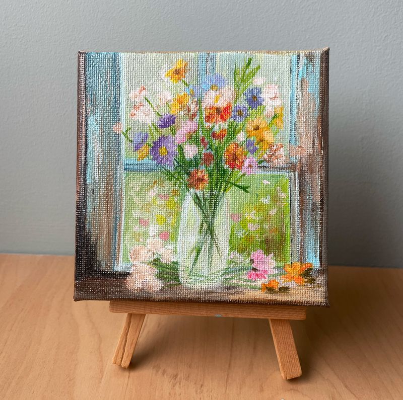 Handgeschilderd schilderij bloemen in vaas – canvas kunst 10x10