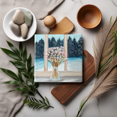 Handgeschilderd tegeltje met bloemen - winter | 10 × 10 cm