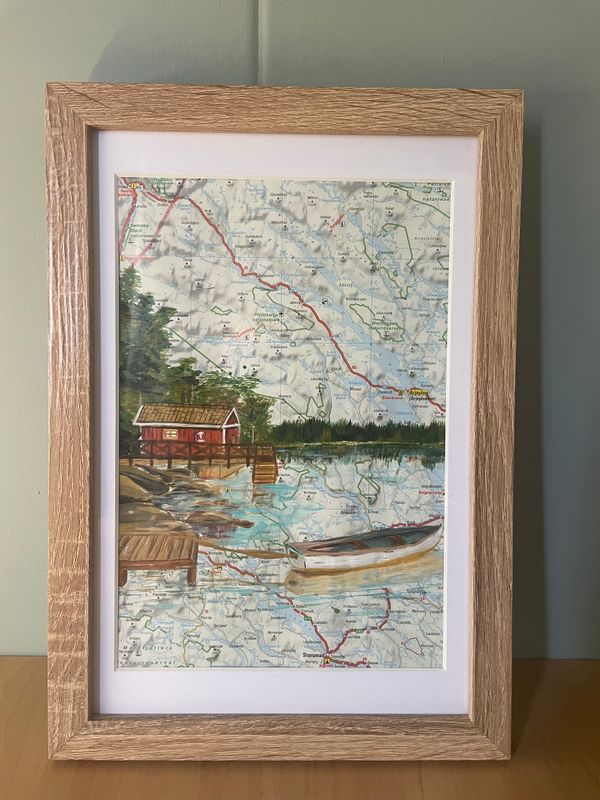 Detail van handgeschilderd landschap op kaart met huisje en meer