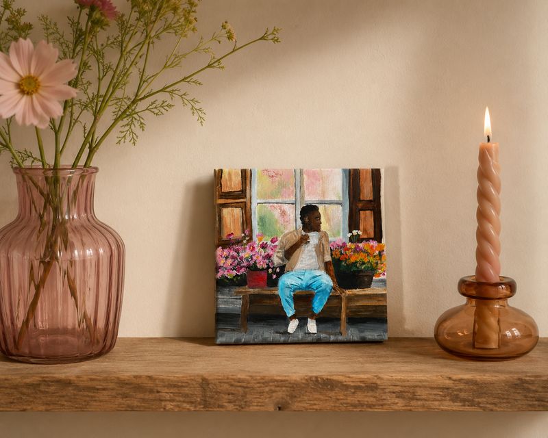 Ochtendkoffie bij het raam — handgeschilderd kunsttegeltje | 10 × 10 cm