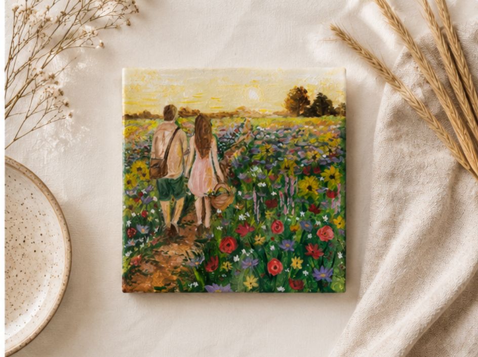 Wandeling door het bloemenveld | Handgeschilderd tegeltje