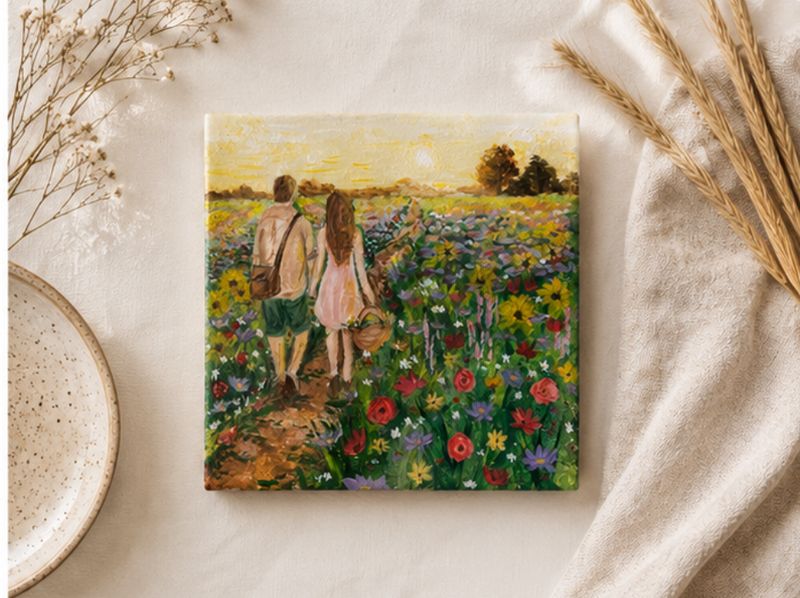Wandeling door het bloemenveld | Handgeschilderd tegeltje