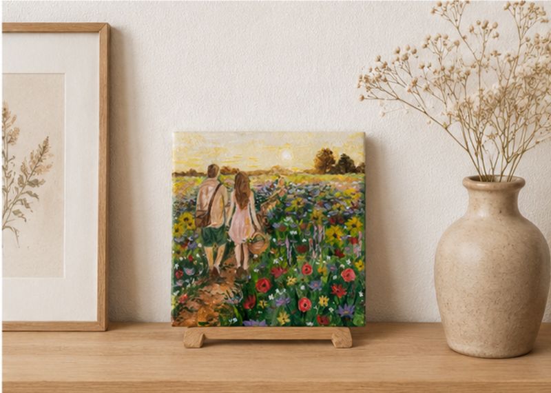 Wandeling door het bloemenveld | Handgeschilderd tegeltje